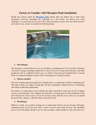 Factors to Consider with Fiberglass Pools Installation