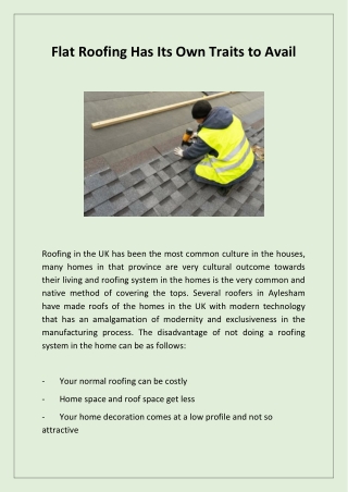 Flat Roofing Has Its Own Traits to Avail