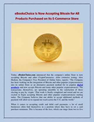 eBooksChoice Is Now Accepting Bitcoin for All Products Purchased on Its E-Commerce Store