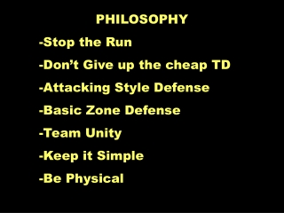 PHILOSOPHY Stop the Run Don’t Give up the cheap TD Attacking Style Defense Basic Zone Defense