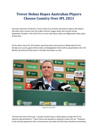 Trevor Hohns Hopes Australian Players Choose Country Over IPL 2021