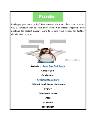 Same Day Cash Loans | Fundo.com.au