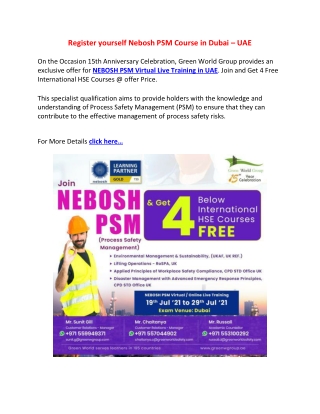 Register yourself Nebosh PSM Course in Dubai – UAE