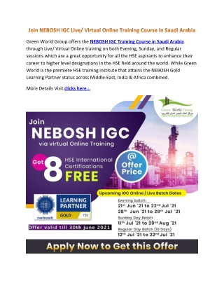 Join NEBOSH IGC Live Virtual Online Training Course in Saudi Arabia