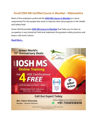 Enroll IOSH MS Certified Course in Mumbai – Maharashtra