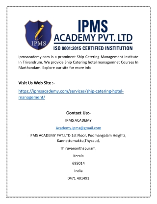 Ship Catering Management Institute in Trivandrum | Ipmsacademy.com
