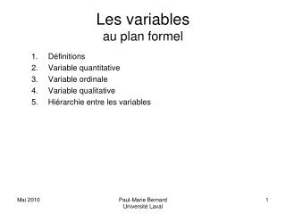 Les variables au plan formel