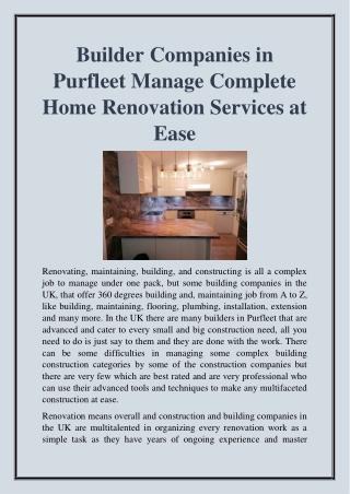 Builder Companies in Purfleet Manage Complete Home Renovation Services at Ease