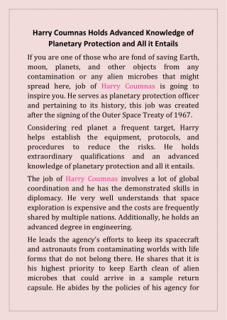 Harry Coumnas Holds Advanced Knowledge of Planetary Protection and All it Entails