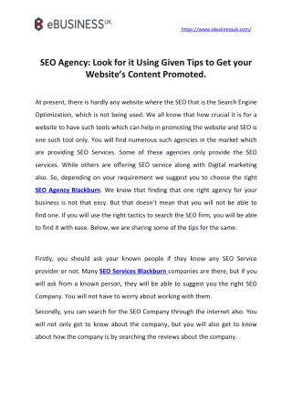 SEO Agency - Look for it Using Given Tips to Get your Website’s Content Promoted.