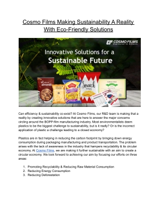 Cosmo Films Making Sustainability A Reality With Eco-Friendly Solutions