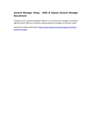 General Manager Hiring - AGM & Deputy General Manager Recruitment