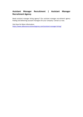 Assistant Manager Recruitment - Assistant Manager Recruitment Agency