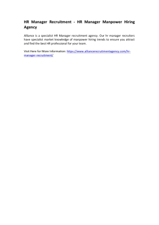 HR Manager Recruitment - HR Manager Manpower Hiring Agency