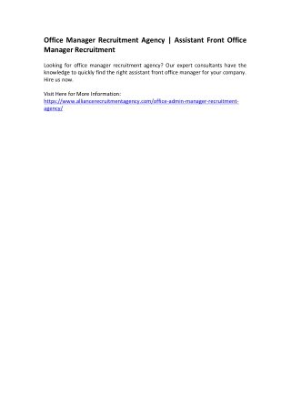 Office Manager Recruitment Agency - Assistant Front Office Manager Recruitment