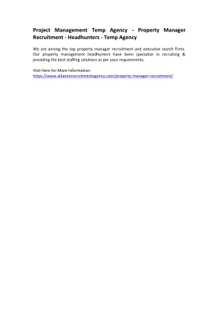 Project Management Temp Agency - Property Manager Recruitment - Headhunters - Temp Agency