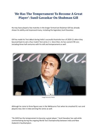 ‘He Has The Temperament To Become A Great Player’ Sunil Gavaskar On Shubman Gill