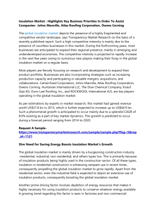 Insulation Market : Highlights Key Business Priorities In Order To Assist Compan