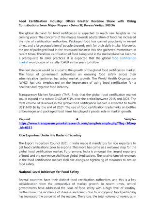 Food Certification Industry: Offers Greater Revenue Share with Rising Contributi