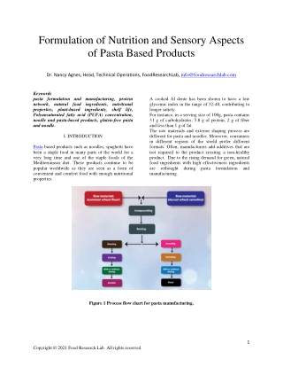 Formulation of nutrition and sensory aspects of Pasta based products