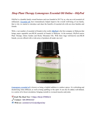 Shop Plant Therapy Lemongrass Essential Oil Online - OilyPod