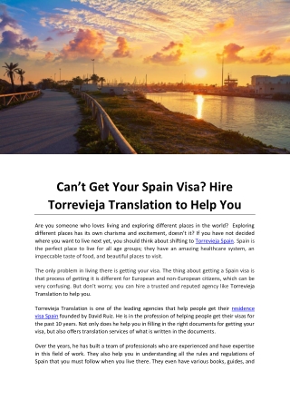 Can’t Get Your Spain Visa Hire Torrevieja Translation to Help You