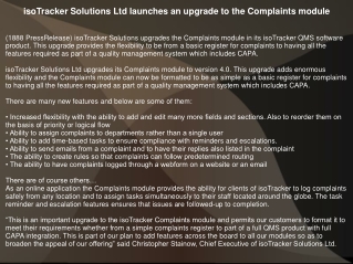 isoTracker Solutions Ltd launches an upgrade to the Complaints module