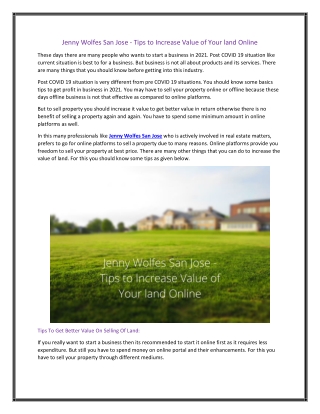 Jenny Wolfes San Jose - Tips to Increase Value of Your land Online