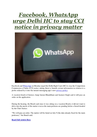 Facebook, WhatsApp urge Delhi HC to stay CCI notice in privacy matter