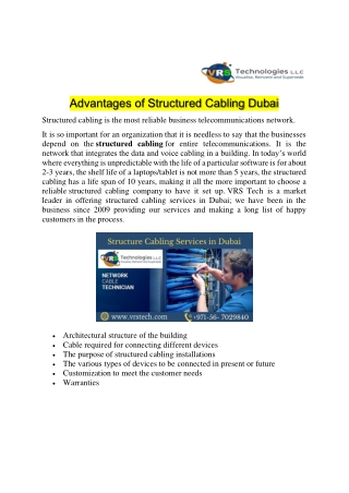 Know the Advantages of Structure Cabling Dubai