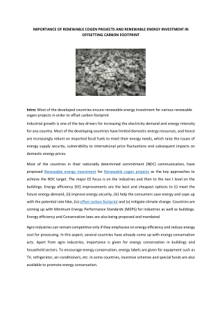 RENEWABLE COGEN PROJECTS, RENEWABLE ENERGY INVESTMENT, OFFSET CARBON FOOTPRINT