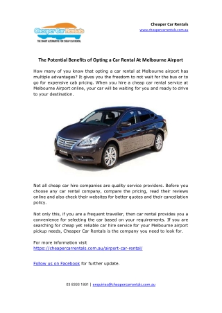 The Potential Benefits of Opting a Car Rental At Melbourne Airport