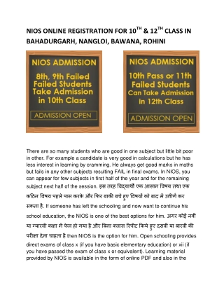 NIOS ONLINE REGISTRATION FOR 10TH & 12TH CLASS IN SAKET, MEHRAULI, GREEN PARK