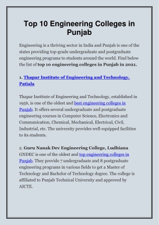 Top 10 Engineering Colleges in Punjab
