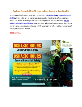Register Yourself OSHA 30 Hour training Course in Saudi Arabia