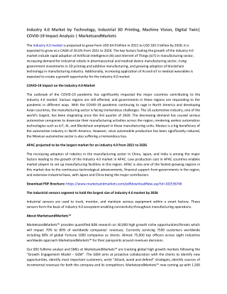 Industry 4.0 Market by Technology, Industrial 3D Printing, Machine Vision