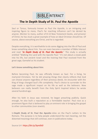 The In Depth Study of St. Paul the Apostle