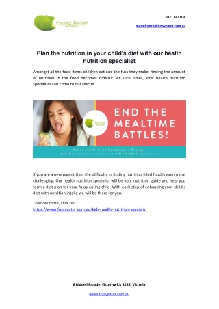 Plan the nutrition in your child's diet with our health nutrition specialist