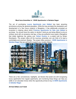 Must have Amenities in  3 BHK Apartments in Sahakar Nagar
