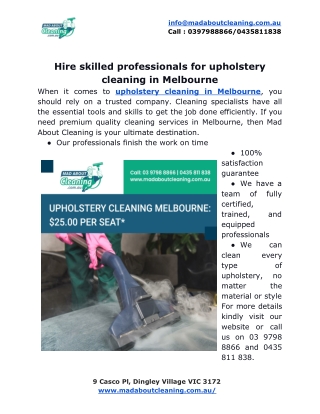 Hire skilled professionals for upholstery cleaning in Melbourne