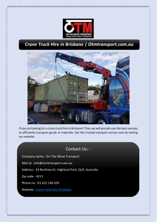 Crane Truck Hire in Brisbane | Otmtransport.com.au