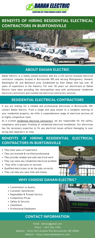 Benefits of Hiring Residential Electrical Contractors in Burtonsville