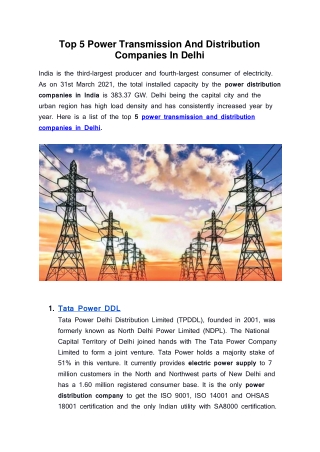 Top 5 Power Transmission And Distribution Companies In Delhi