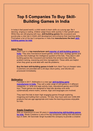 Top 5 Companies To Buy Skill-Building Games in India