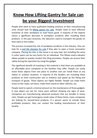Know How Lifting Gantry for Sale can be your Biggest Investment