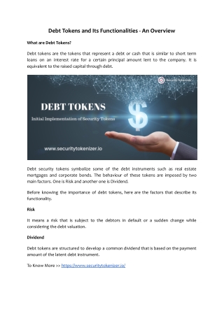Debt Tokens and Its Functionalities - An Overview
