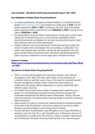 Now Available - Worldwide Plastic Recycling Market Report 2021-2030