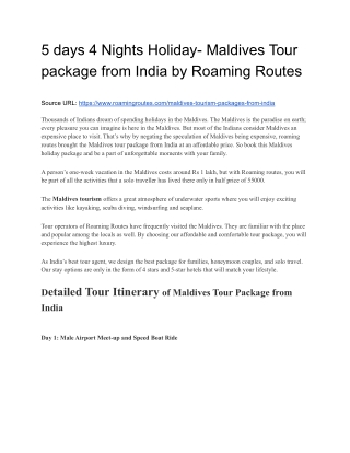5 days 4 Nights Holiday- Maldives Tour package from India by Roaming Routes