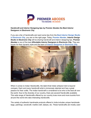 Handicraft and Interior Designing tips by Premier Abodes the Best Interior Designers in Electronic City