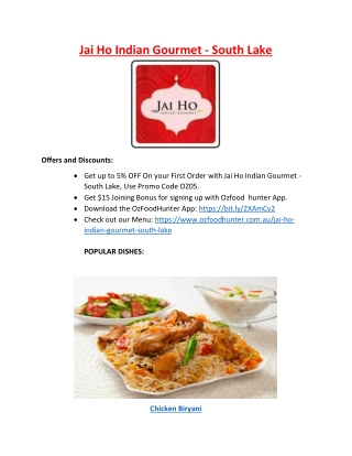 5% off - Jai Ho Indian Gourmet - South Lake Restaurant, WA